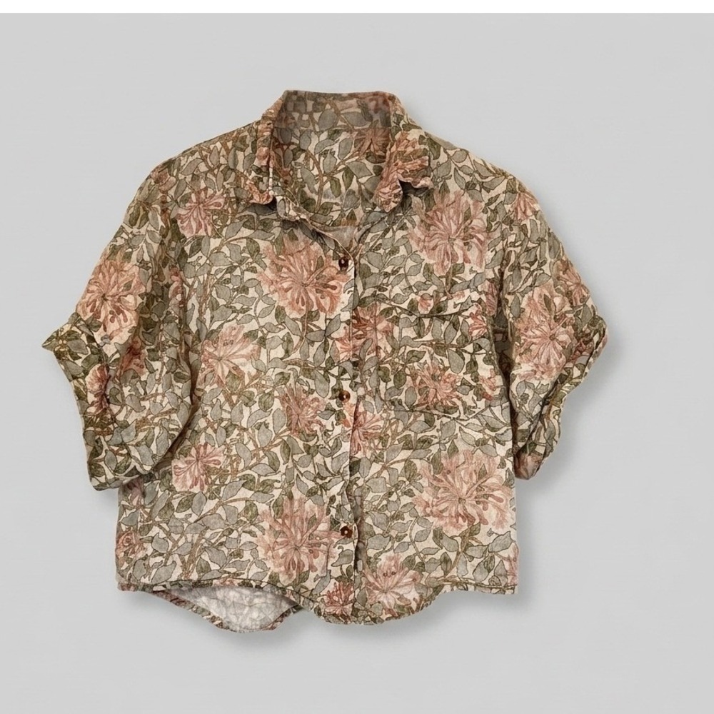 Piglet in Bed Honeysuckle Floral 100% Linen Pajama Shirt Small Made in Portugal